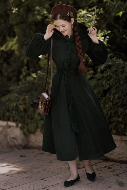 Dark Green Wool Blend Coat – Handmade Hooded Vintage Winter Elegance 3870