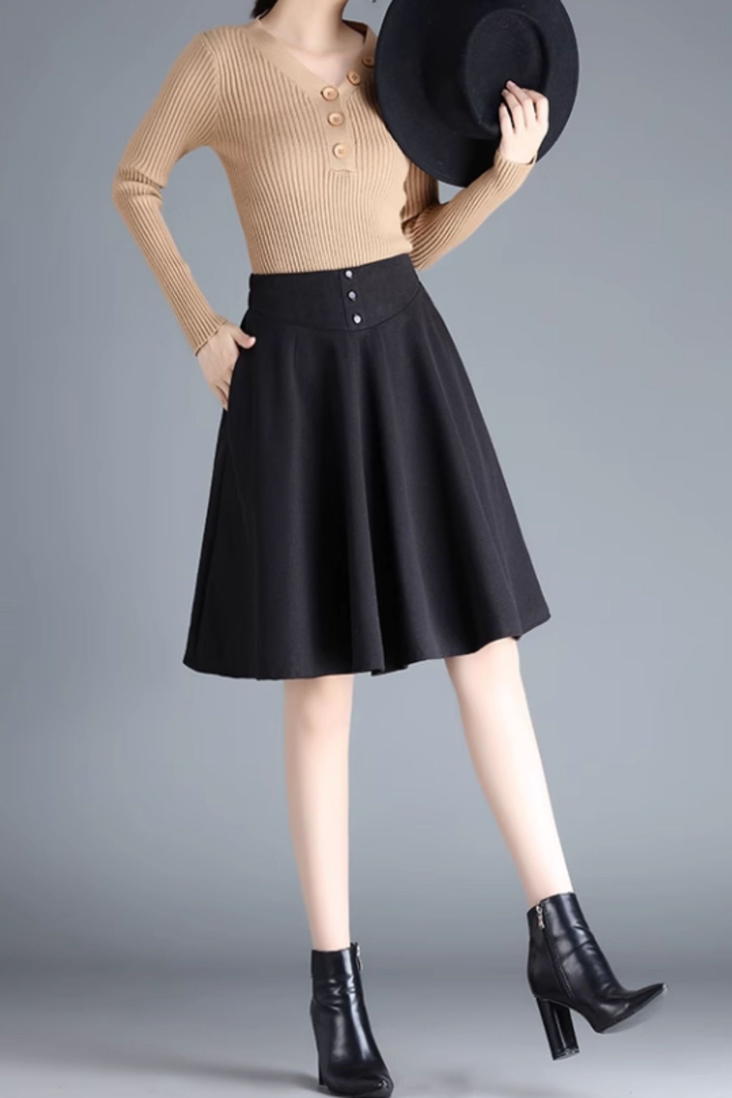 Brown Wool A-Line Skirt - High Waist Winter Style 6135