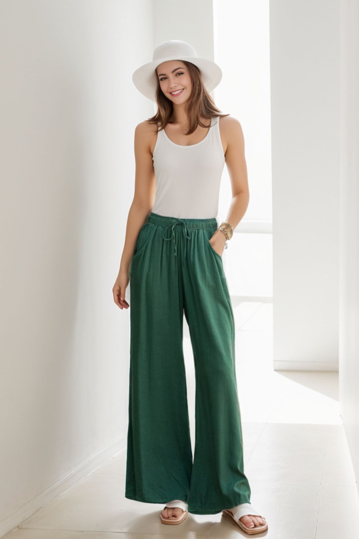 Green Elastic Waist Wide leg Linen Pants 2879