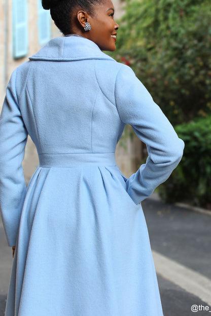 Vintage-Inspired Blue Wool Coat – Handmade 1950s Princess Midi Coat | Xiaolizi 2407
