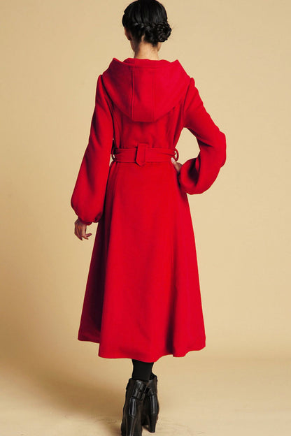 Red Wool Hooded Swing Coat – Vintage Fit & Flare Winter Overcoat with Belt 0394