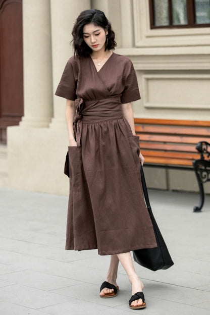 Fit and flare brown midi linen dress 4957