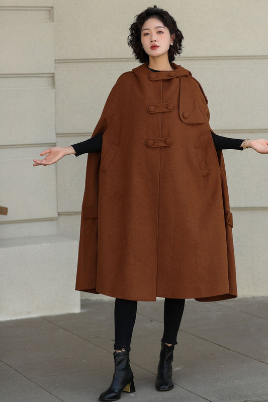 Handmade Wool Hooded Cape – Vintage Winter Cloak Coat with Pockets 6527