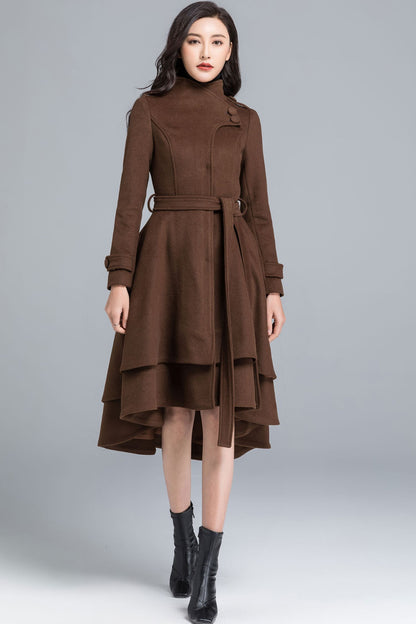 Brown Wool Coat - Asymmetrical Tiered Hem with Self Tie Belt c2491