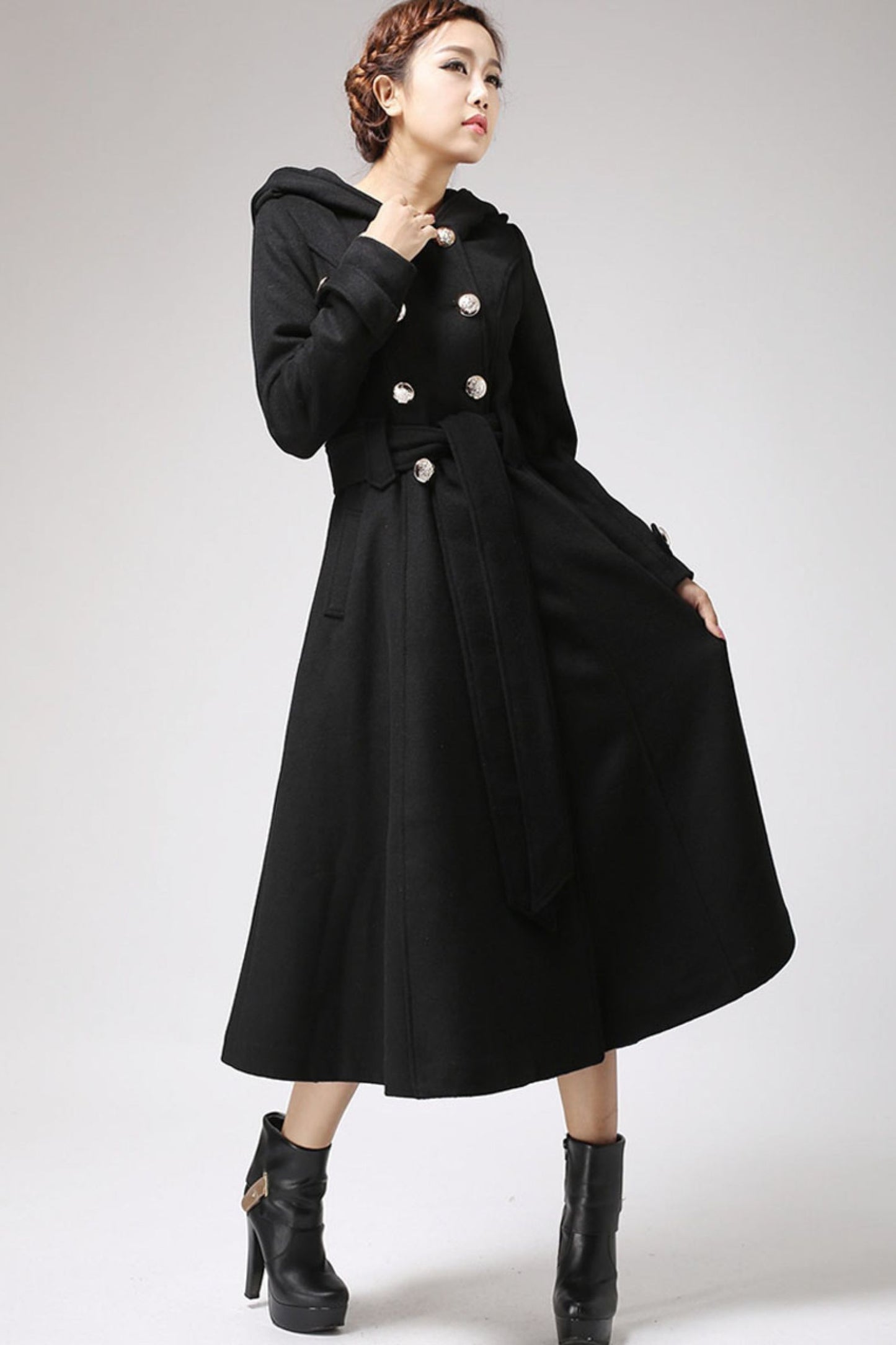 Winter long wool jacket hood in Black 0707#