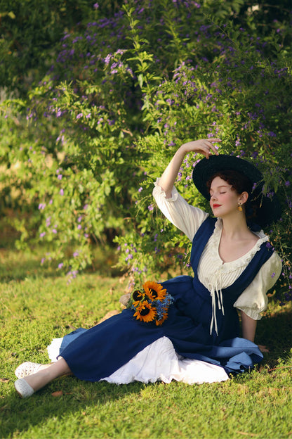 Blue Linen Cotton Pinafore Dress - Deep V-Neck, Swing Silhouette 5213