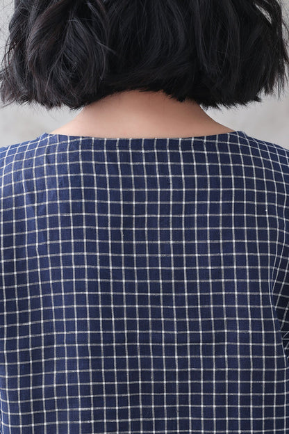 Navy Check Linen Blouse – Loose Fit Summer Top with 3/4 Sleeves 3336