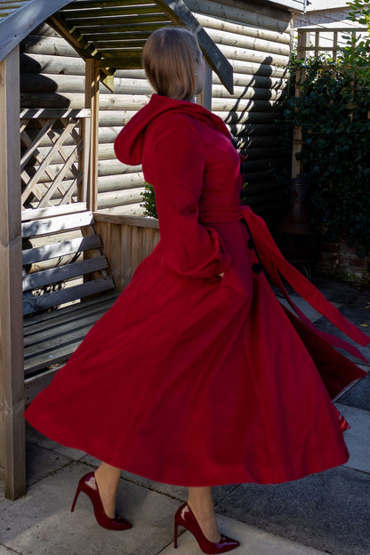 Red Wool Blend Hooded Coat - Lantern Sleeves & Tie Waist 3174