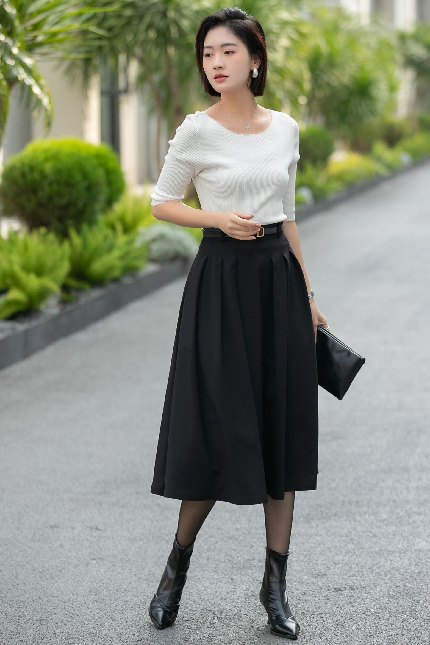 Handmade Black Pleated Midi Skirt – High Waist A-Line Office Skirt 6665 -size S #CK2600005
