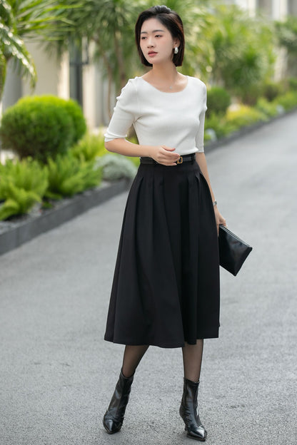 Handmade Black Pleated Midi Skirt – High Waist A-Line Office Skirt 6665 -size S #CK2600005