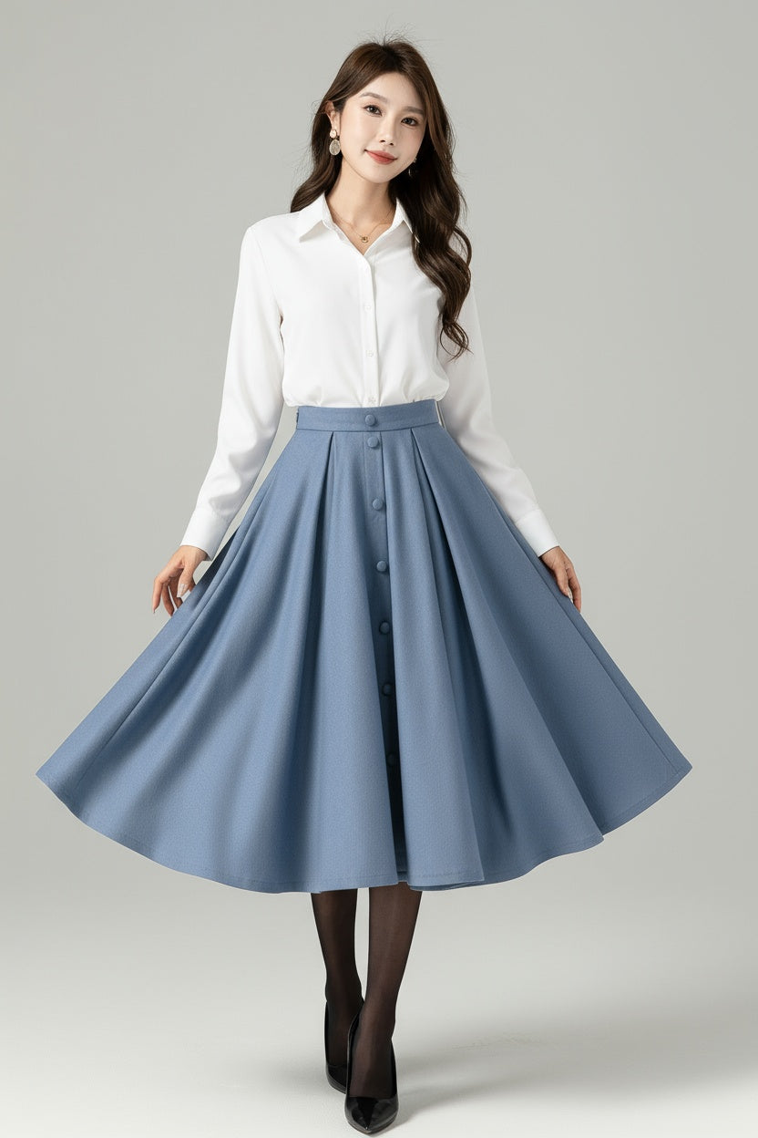 Blue Wool A-Line Midi Swing Skirt – High Waist Winter Skirt with Buttons 6566