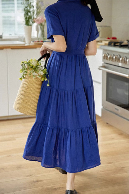 Navy Blue Linen Shirt Dress - Tiered Skirt with Tie Belt Waist 4844
