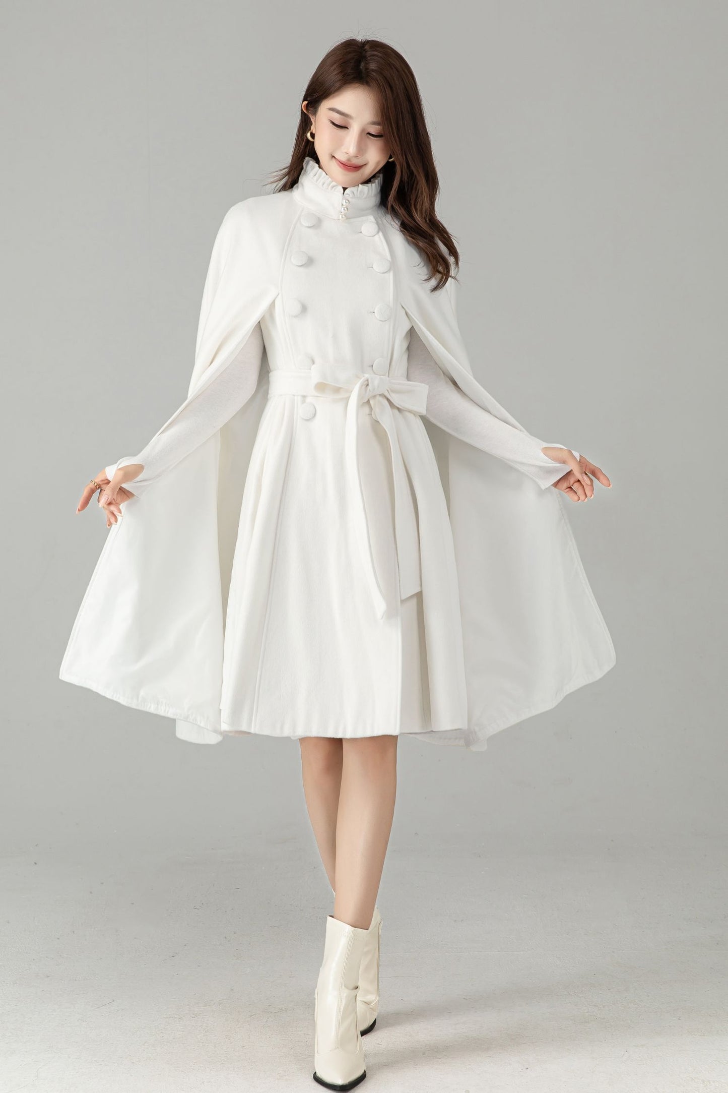 White Wool Cape Coat – Elegant Belted Winter Dress Coat | Xiaolizi 6575