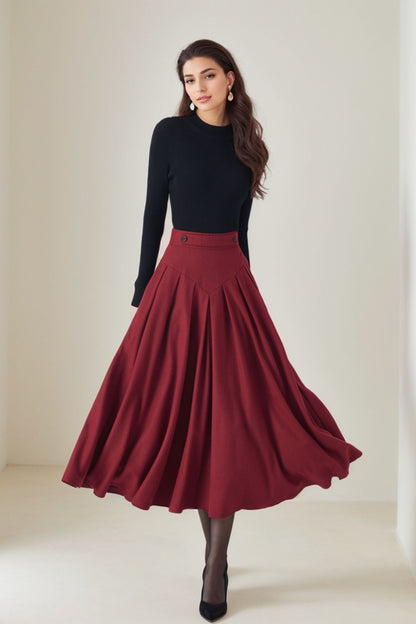Burgundy Wool Midi Skirt - Pleated, High Waist Elegance 5248