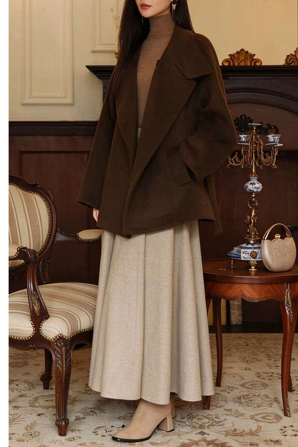 Beige Wool Blend Midi A-Line Skirt, High Waist Paneled Flared Skirt 7026