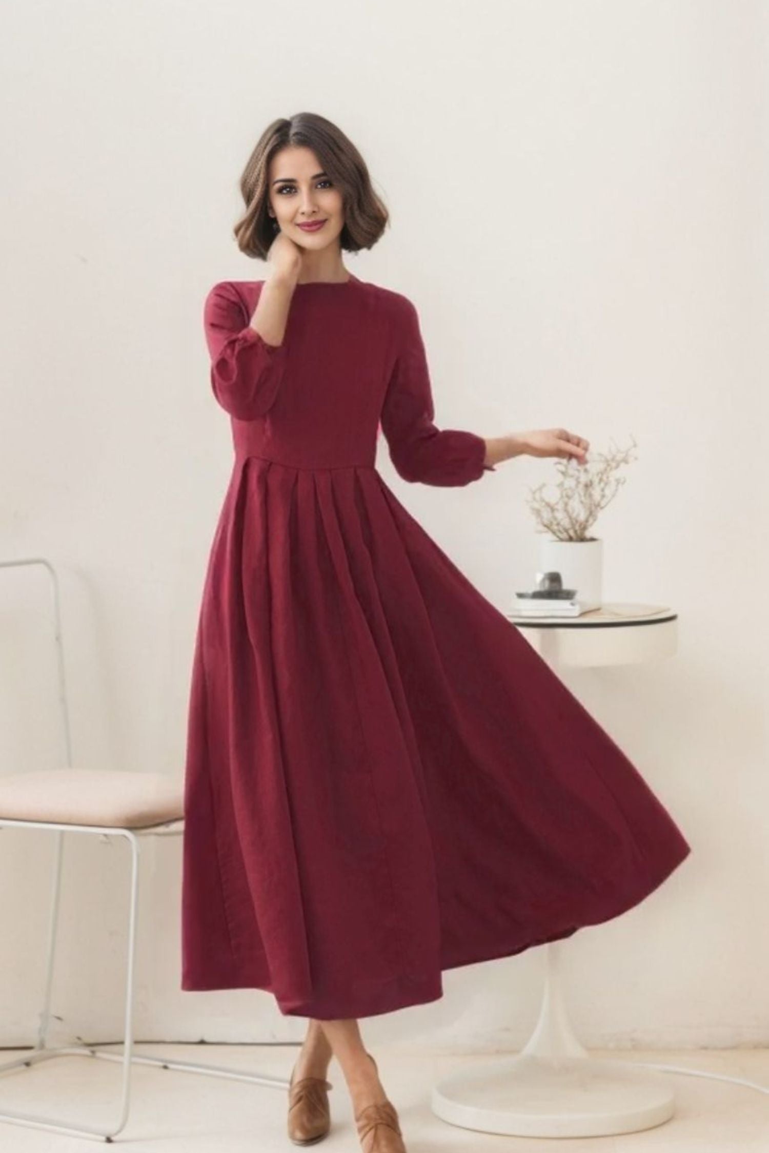 Green Linen Maxi Swing Dress - Flowy A-Line Design 5513 Xiaolizi Green Linen Maxi Swing Dress - Flowy A-Line Design 5513 Xiaolizi