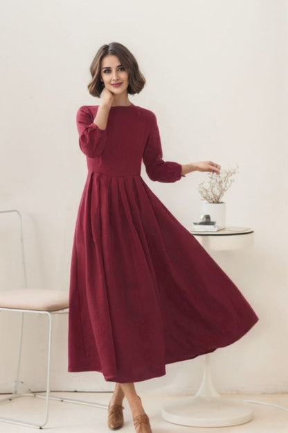 Dark Green Linen Maxi Dress - Flowy A-Line with Pleated Waist 5513