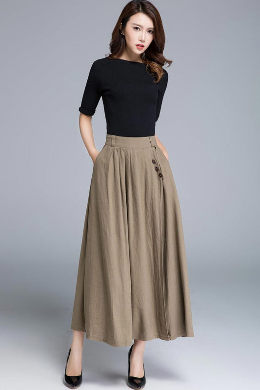 Khaki long maxi skirt with pleated and button detail 1671