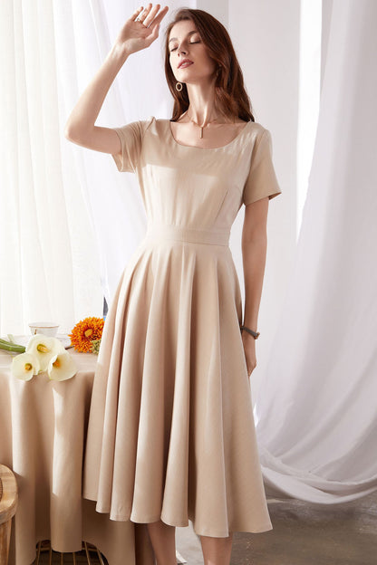 Beige Swing Summer Linen Dress 3374