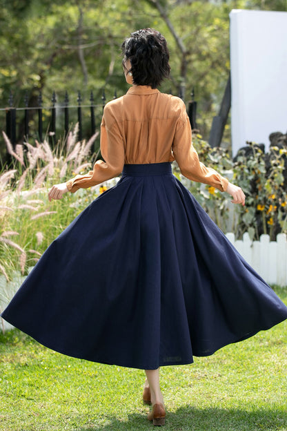 Deep Navy Linen Cotton Midi Skirt High Waist | Xiaolizi 6736- Size XS #CK2600283