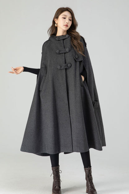 Handmade Dark Gray Wool Hooded Cape – Vintage Winter Cloak Coat with Pockets 4558