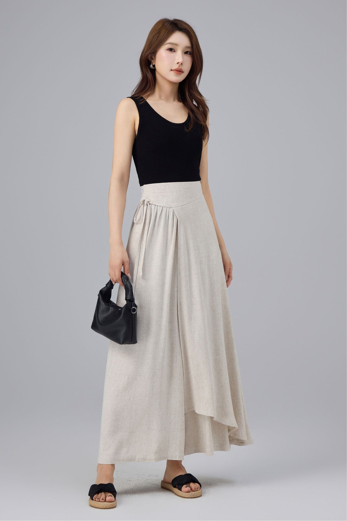 Beige Linen Cotton Wrap Pant - Wide Leg, Tie Belt Design | Xiaolizi 6763
