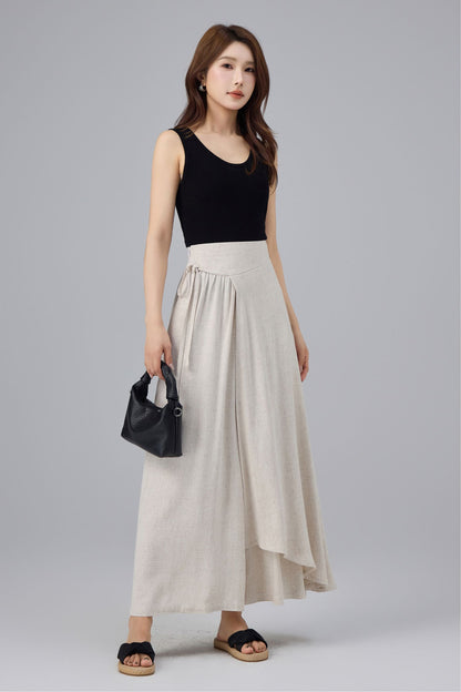 Beige Linen Cotton Wrap Pant - Wide Leg, Tie Belt Design | Xiaolizi 6763
