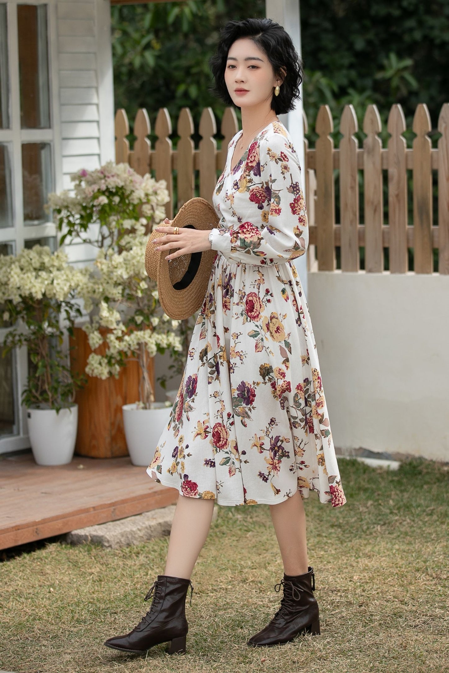 Xiaolizi Floral Linen Midi Dress – Vintage V Neck Swing 6692
