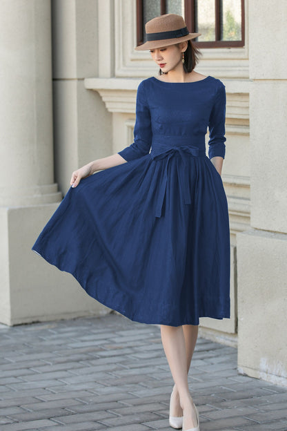 Blue Linen Midi Dress - A-Line Silhouette with Back Button Detail 5747