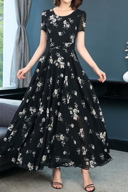 Black flower printed maxi chiffon dresses 5011 Xiaolizi Black flower printed maxi chiffon dresses 5011 Xiaolizi