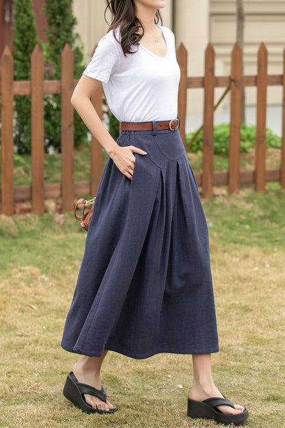 Blue long linen skirt with pockets 4943
