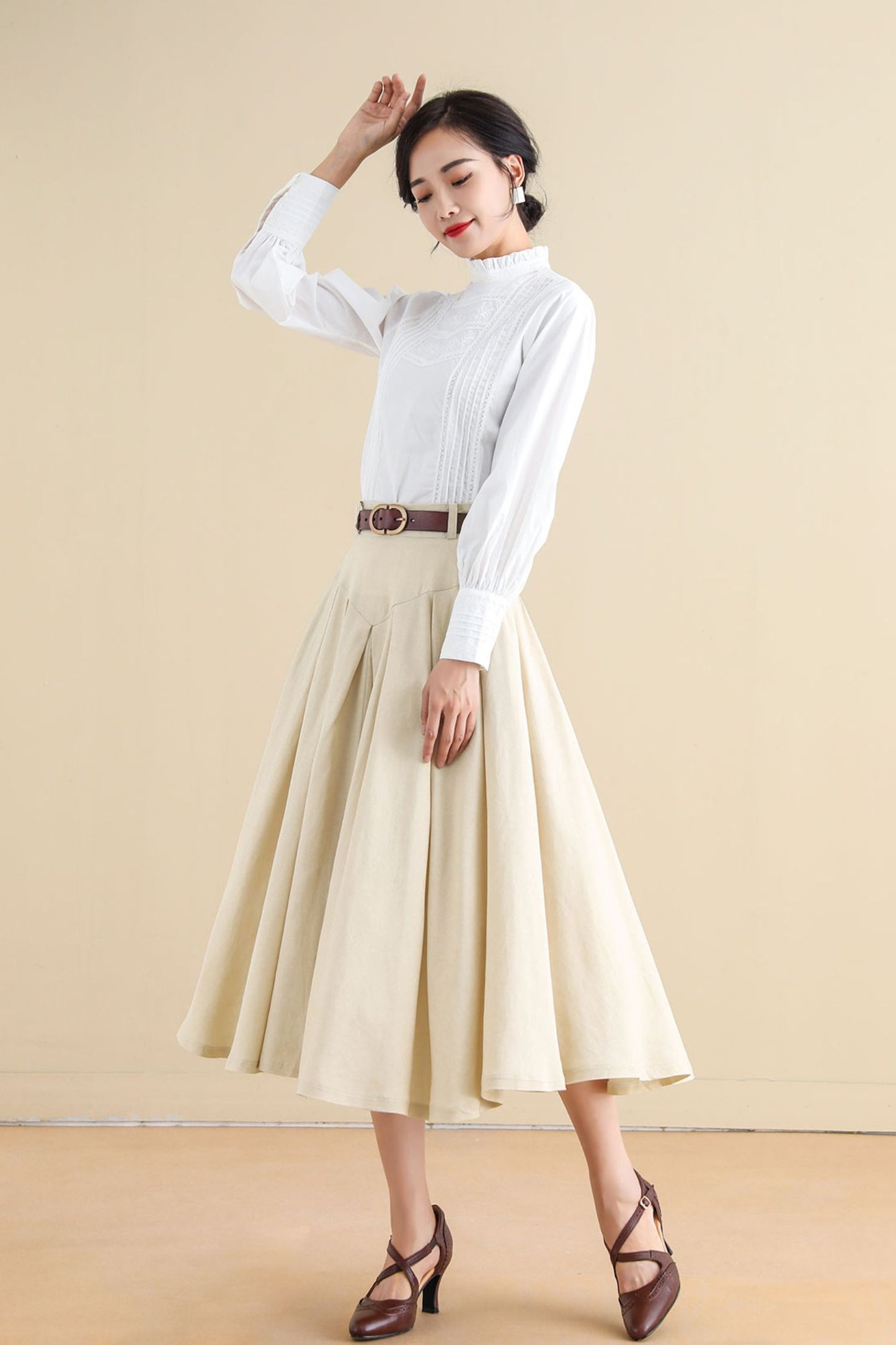 Women Beige Pleated Linen Midi Skirt 2797