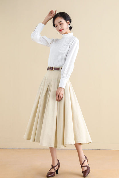 Beige Linen Pleated Midi Skirt - High Waist, Elegant Flowy Silhouette 2797