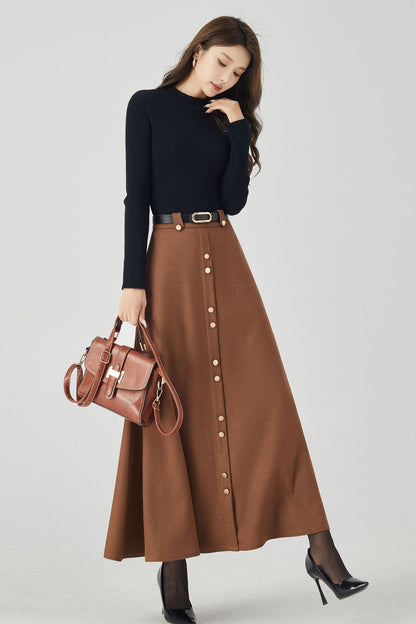 A line maxi brown winter wool skirt 4533