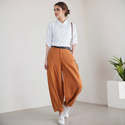 Caramel Linen Pants - Loose Fit Wide Leg Comfort 5904