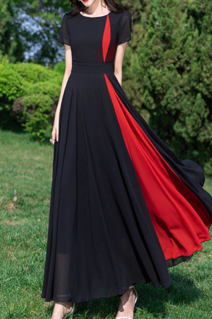 Block color maxi summer prom chiffon dress 5155