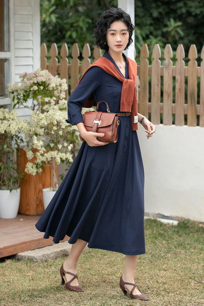 Xiaolizi Navy Linen Shirt Dress – Vintage A-Line Midi 6694-Size XS #CK2600163
