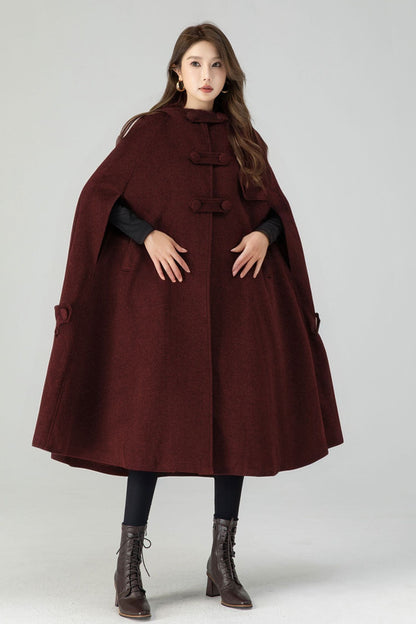 Wool Hooded Cape Coat – Vintage Mid-Length Winter Cloak 5252
