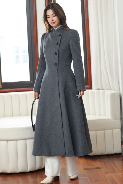 Dark Gray Wool Long Coat – Vintage A-Line Winter Overcoat with Pockets 4027