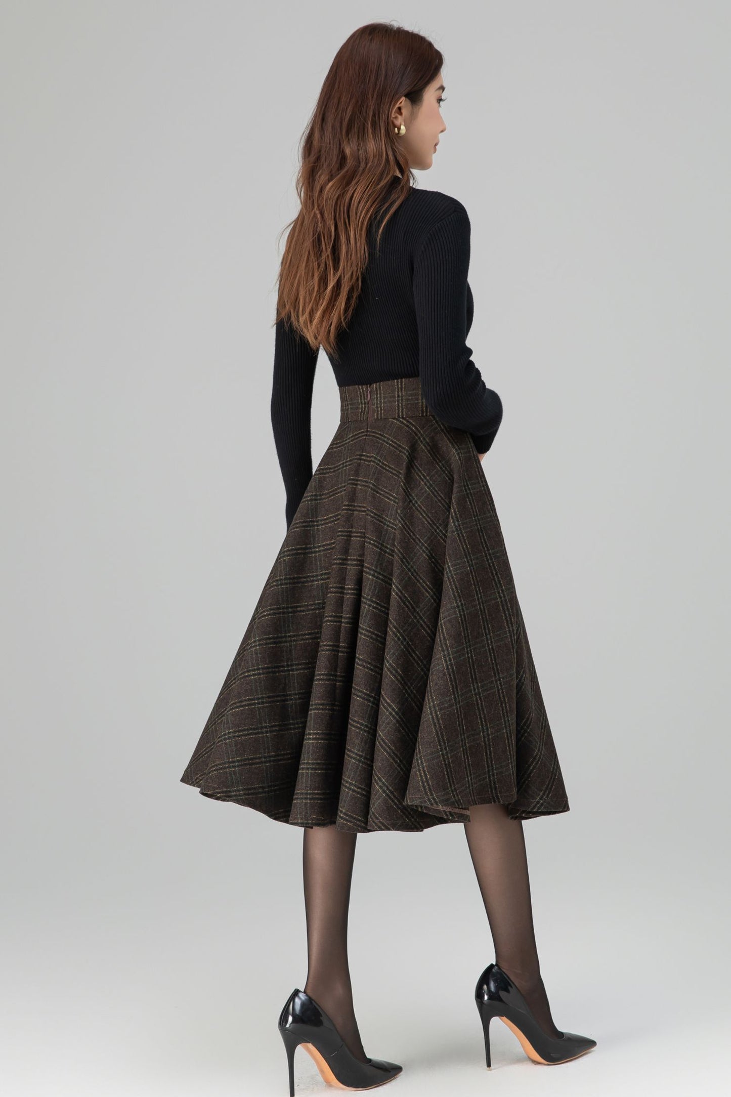Classic Plaid Midi Skirt Dark Brown Wool – High-Waisted Circle – 6396