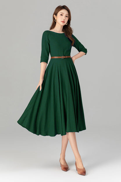 Emerald Green Linen Midi Dress – Handmade Fit & Flare Work Dress with Pockets | Xiaolizi 5580