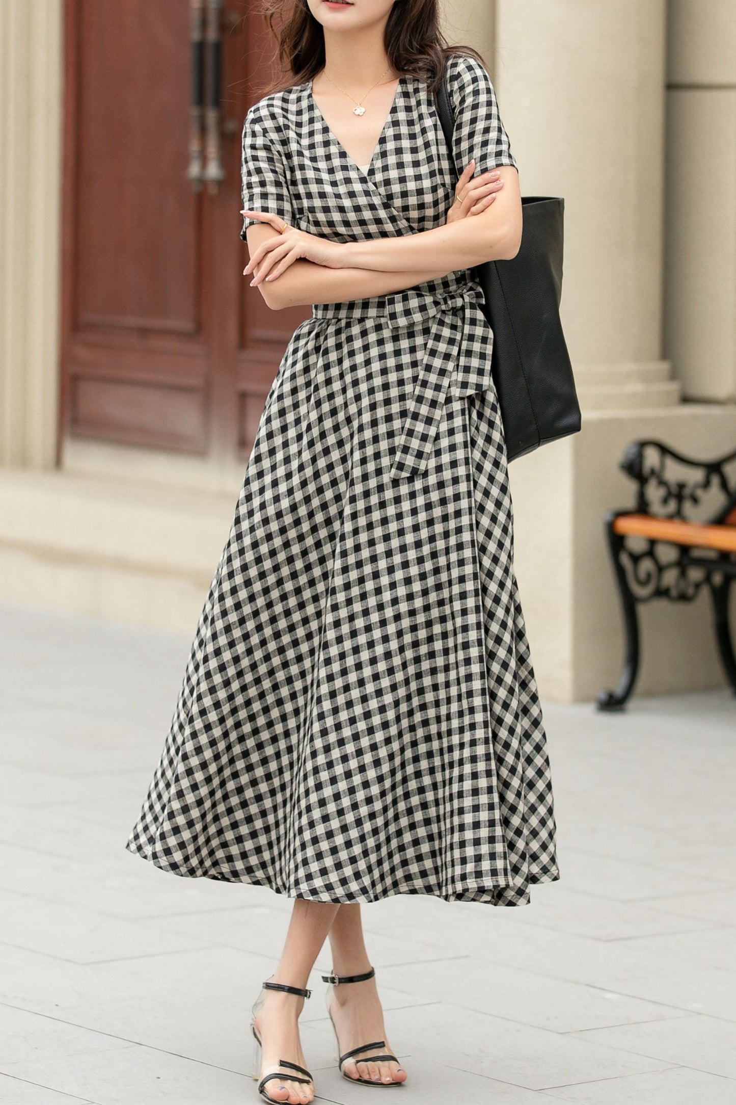 Black and white summer plaid linen wrap dress 4948