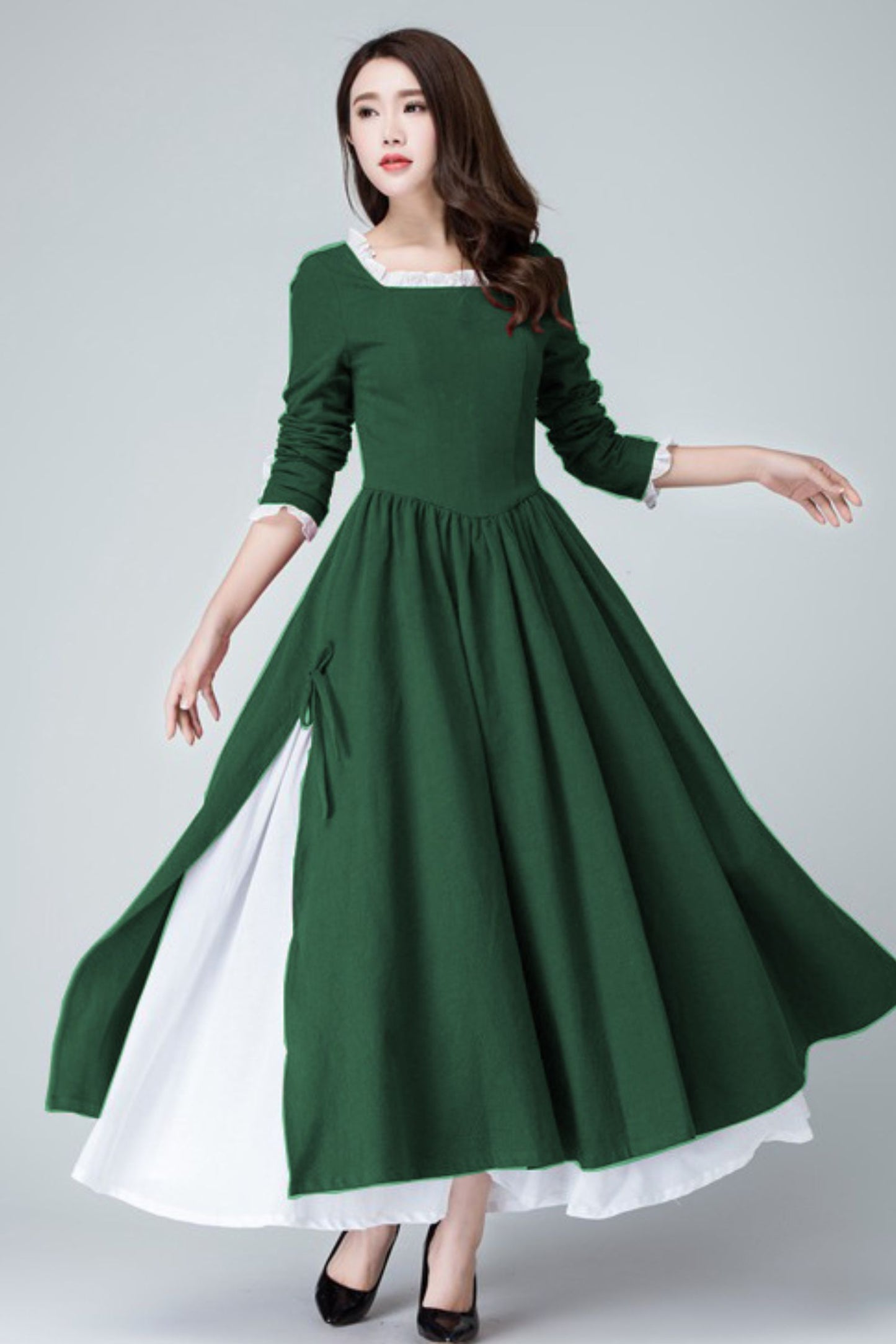 Xiaolizi Linen Maxi Dress – Vintage Green Fit and Flare Dress with chiffon hem 6317