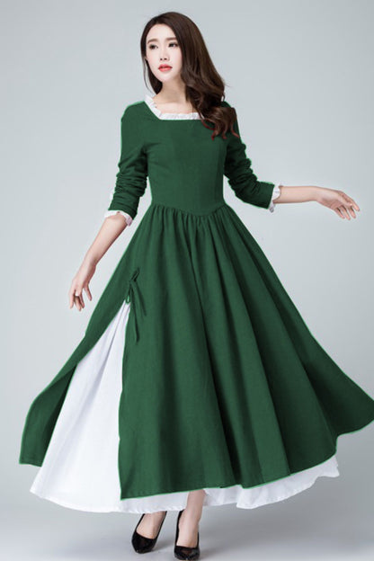 Xiaolizi Linen Maxi Dress – Vintage Green Fit and Flare Dress with chiffon hem 6317