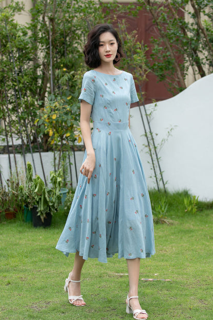 Blue Linen Cotton Fit and Flare Dress - Embroidered, Boat Neck 5204
