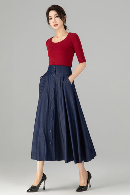 Navy Cotton Denim Midi Skirt - A-Line High Waist Button Front 6143
