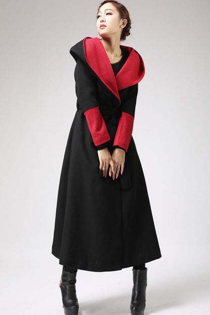 Black Wool Hooded Maxi Coat - Double Breasted Belt | Xiaolizi 700