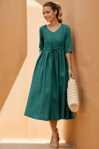 Green Linen Midi Dress - Drawstring Waist, Half Sleeves 4975