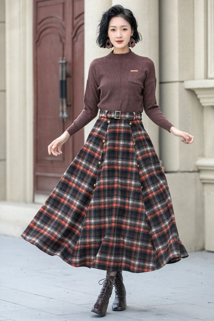 A line plaid midi wool skirt women 5355