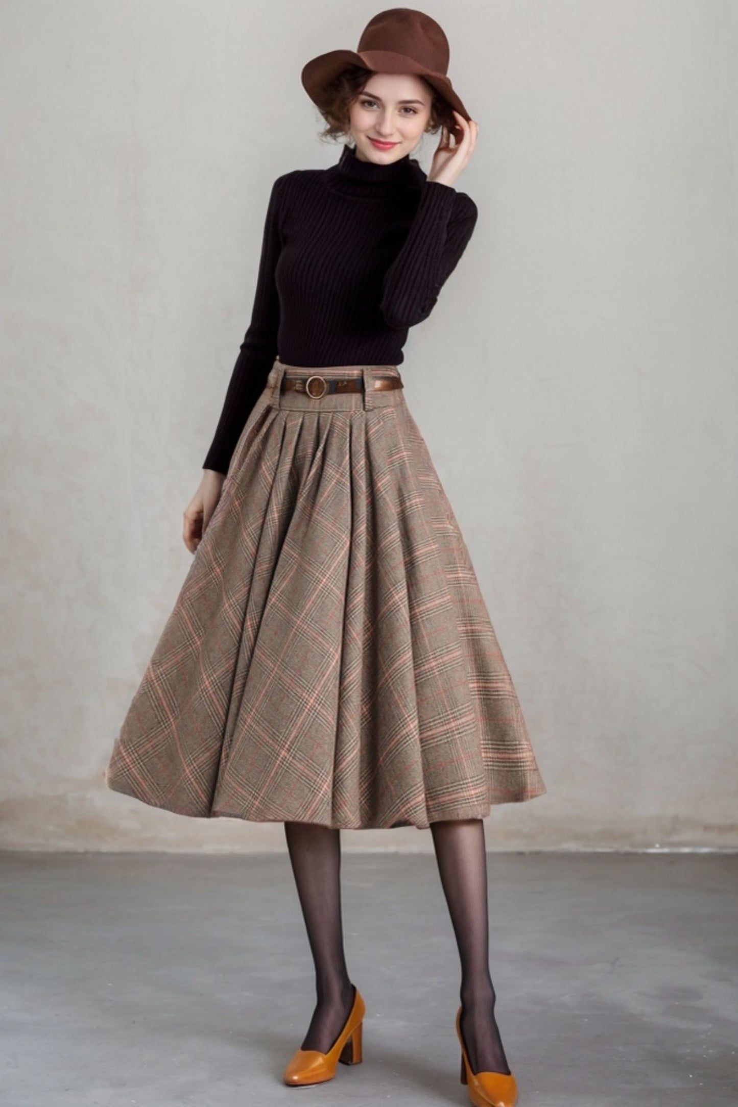 Women's Retro Plaid Wool Skirt Midi 5405